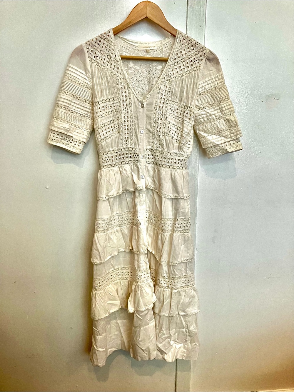 LoveShackFancy Cream Broaderie Anglaise Eyelet-Tiered cotton Midi Dress